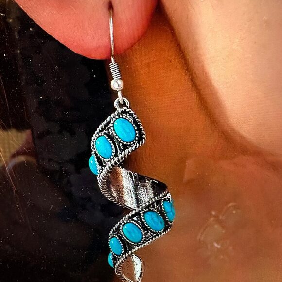 Boho Hippie Cowgirl Twirl Wire Drop Earrings, Turquoise Stone, Fast Shipping, G - Picture 3 of 6